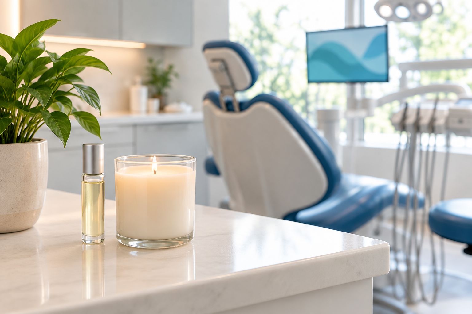 A rollerball oil bottle and unlit candle on a clinic reception desk