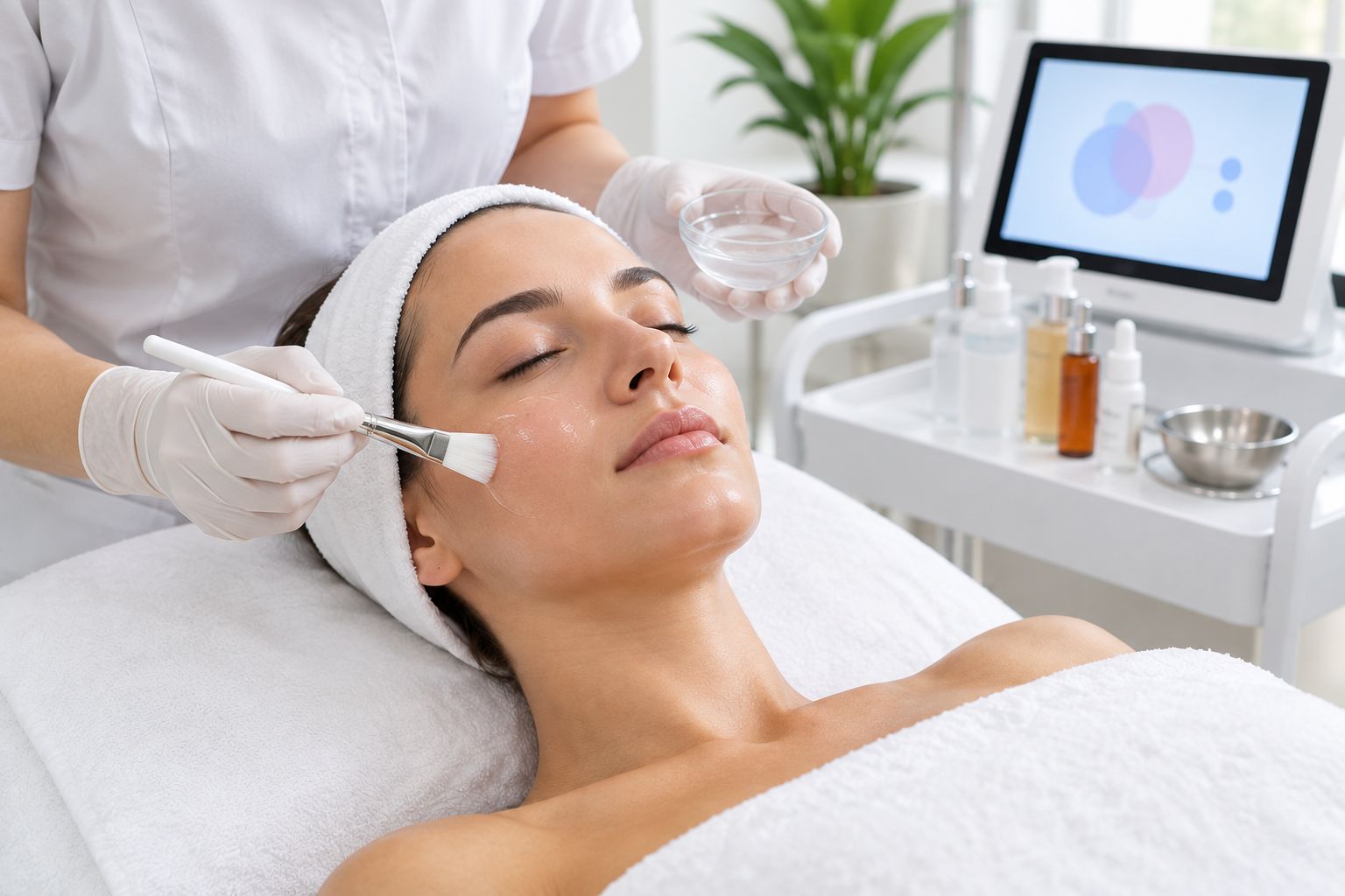 Esthetician applying a clear peel solution with no visible skin peeling