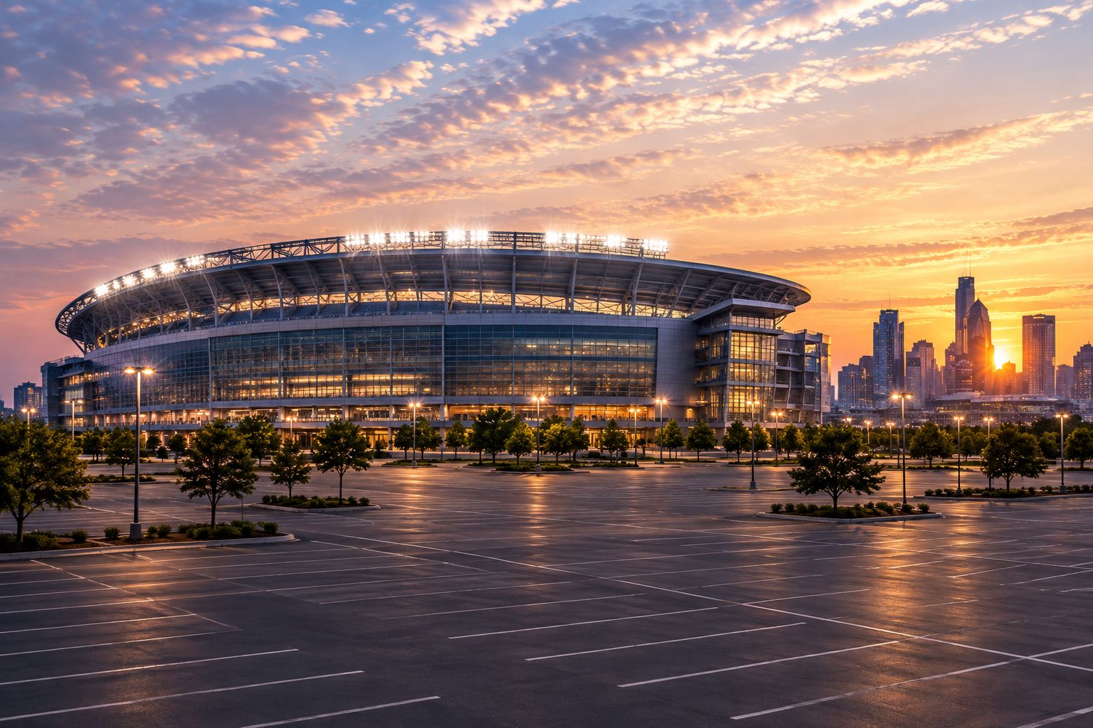 Modern football stadium exterior at dusk