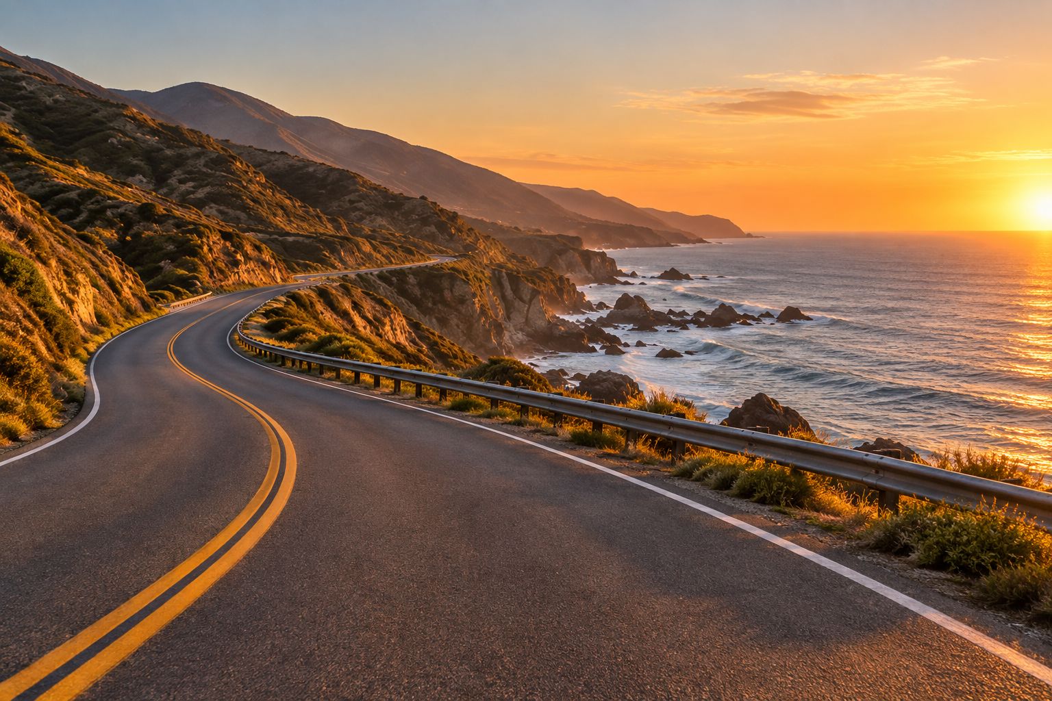 Coastal highway curving along cliffs above the Pacific Ocean at sunset