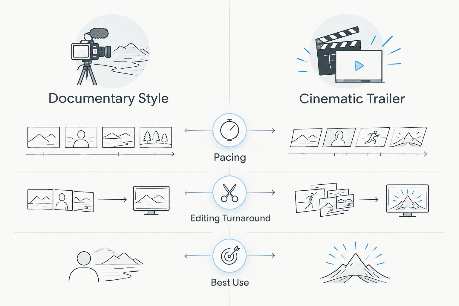 Two-column comparison of documentary style versus cinematic trailer wedding video styles