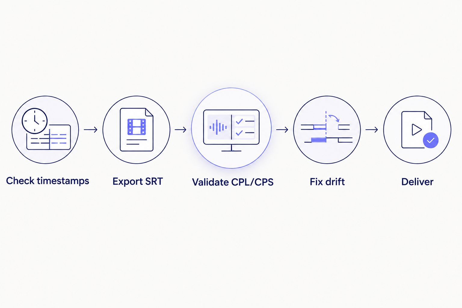 Five-step flow from checking transcript timestamps to delivering the SRT file