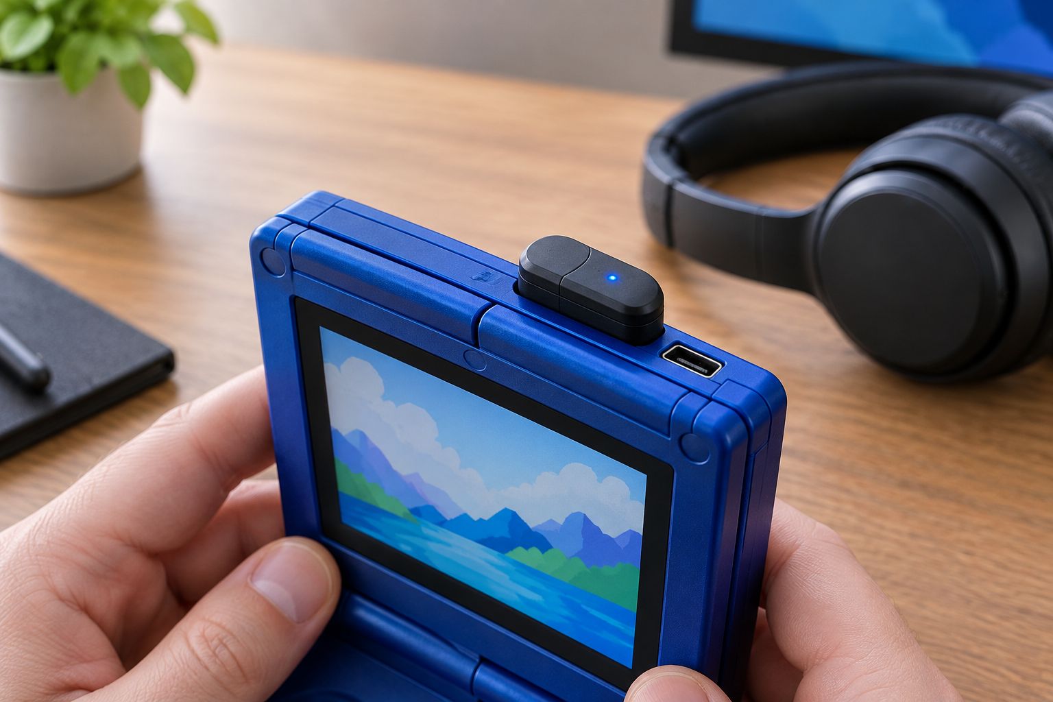 Bluetooth transmitter adapter plugged into a Game Boy Advance SP link port