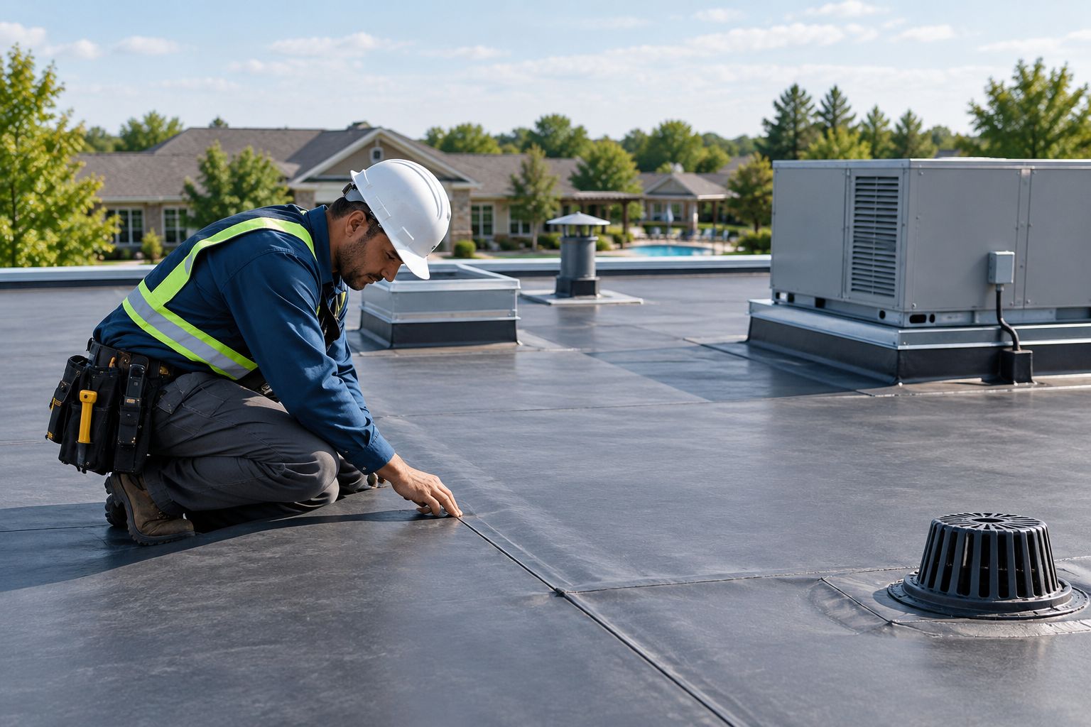 Roofing professional inspecting a low-slope clubhouse roof