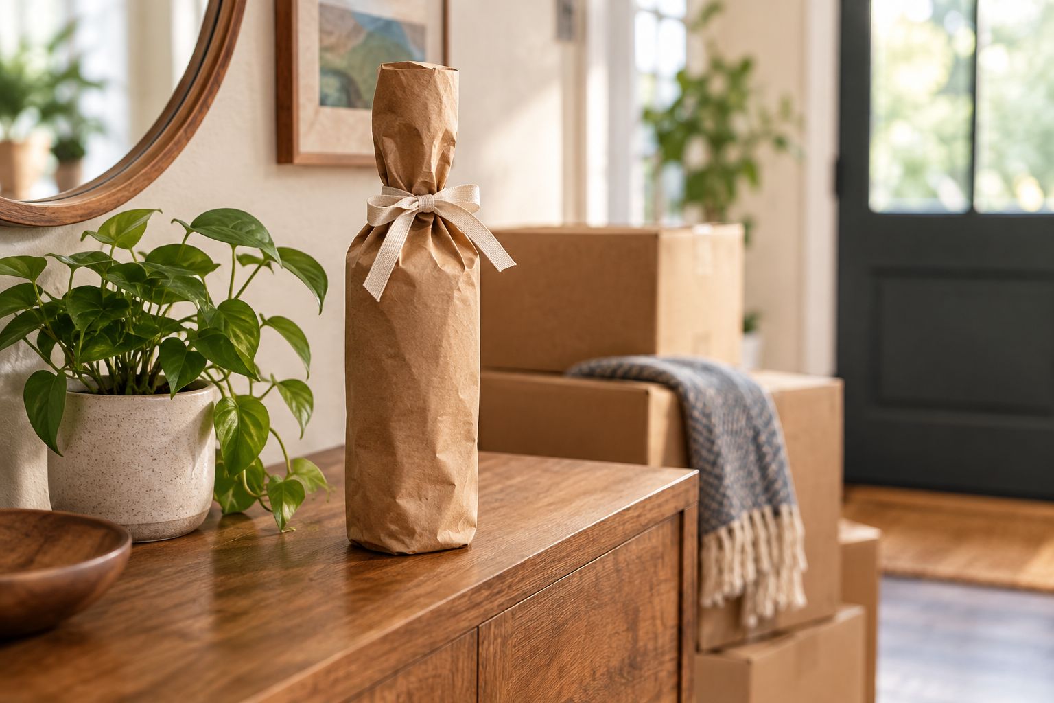Gift-wrapped scotch bottle on a console beside moving boxes
