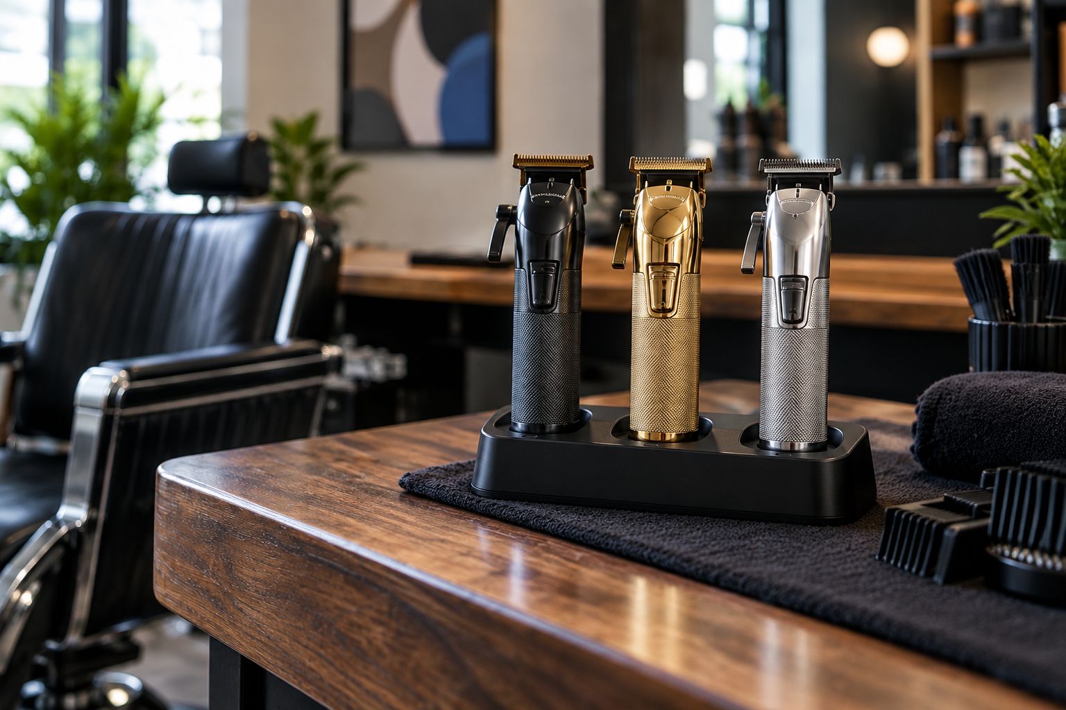 Three cordless trimmers lined up on a charging dock at a barbershop station