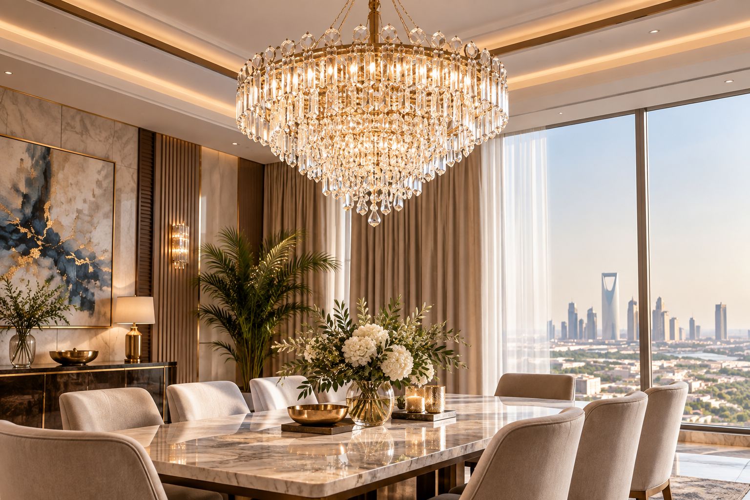 Close-up of a crystal chandelier catching warm light over a dining table