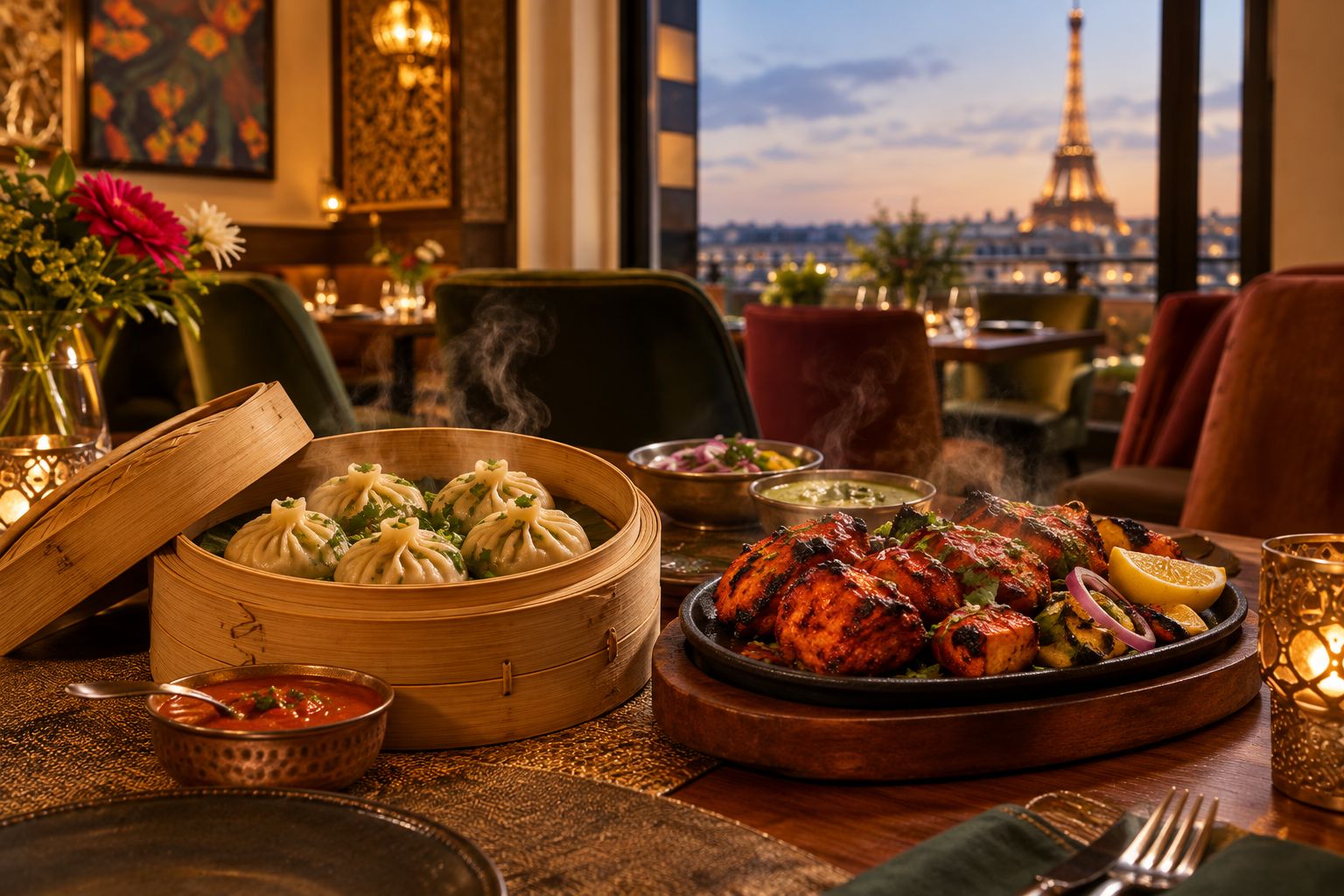 Momos et plat tandoori servis sur une table de restaurant himalayen