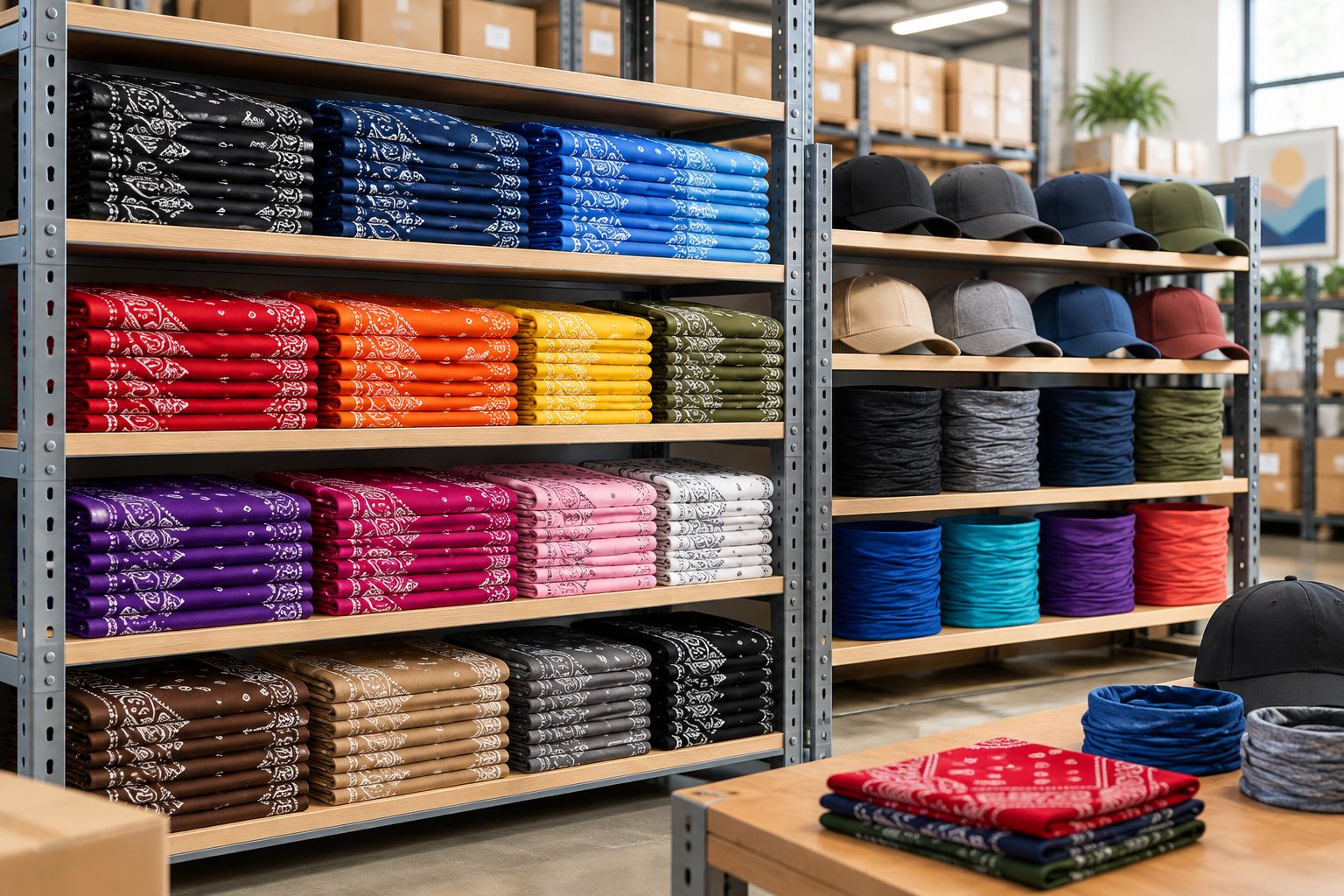 Shelves of folded bandanas, caps, and neck gaiters stacked for bulk order fulfillment
