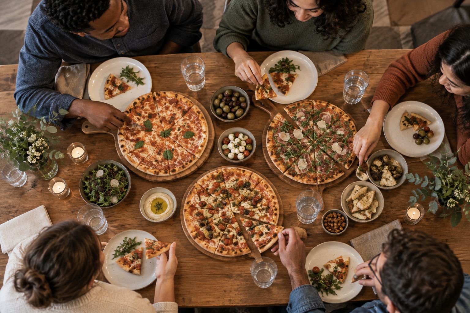 Table set family-style with shared pizzas and small plates for a group dinner