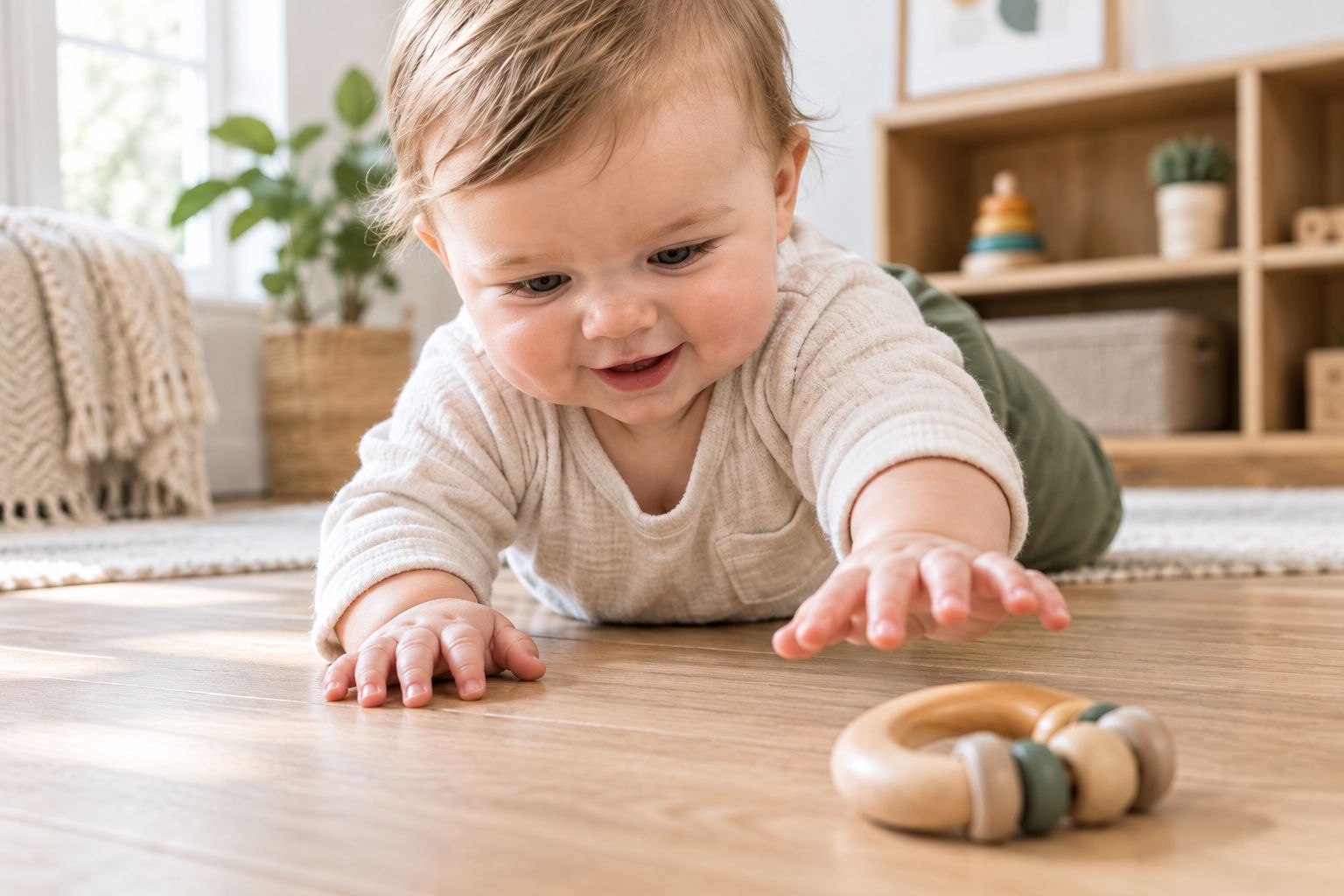 Baby on tummy reaching for a wooden toy just out of reach