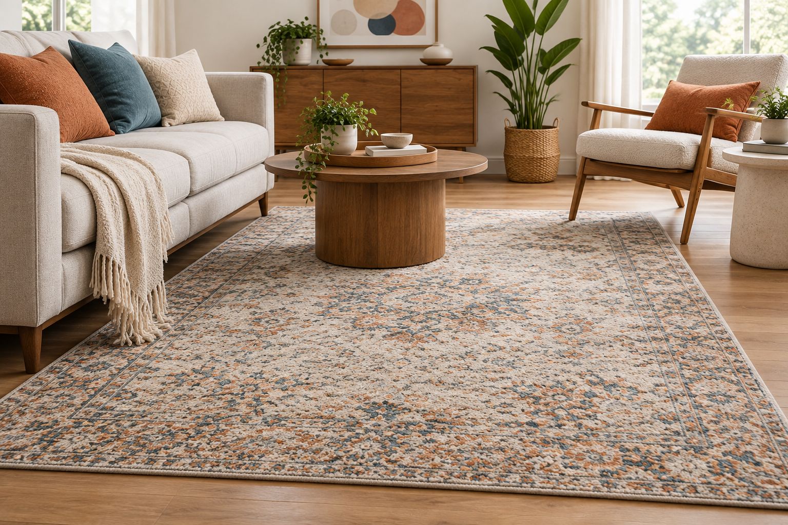 Designer area rug sized to anchor a living room seating area