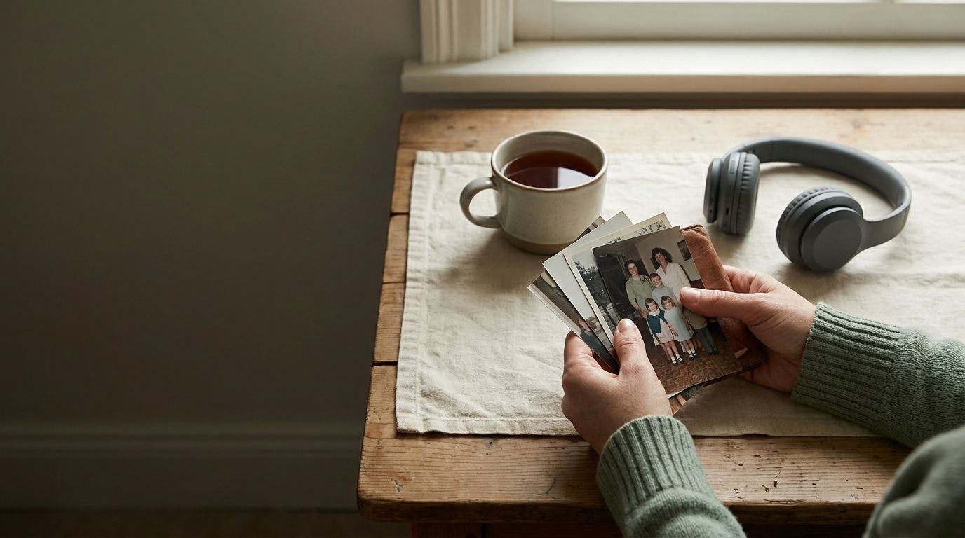 A person holding family photographs beside headphones and tea