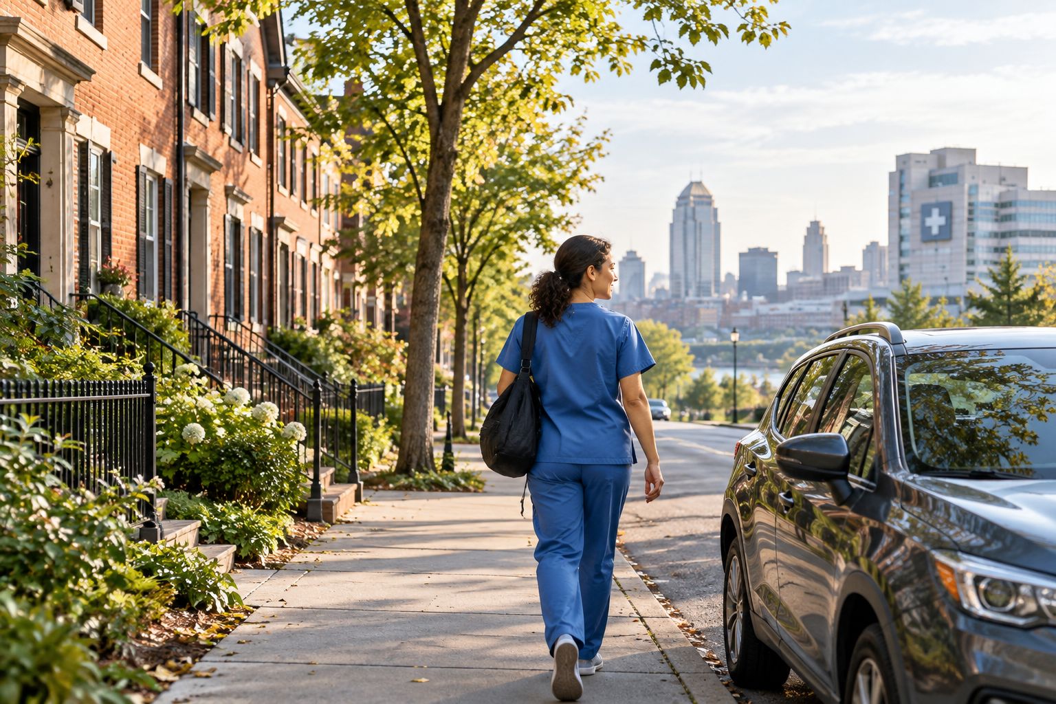 Townhomes on a tree-lined street with a hospital tower visible in the background