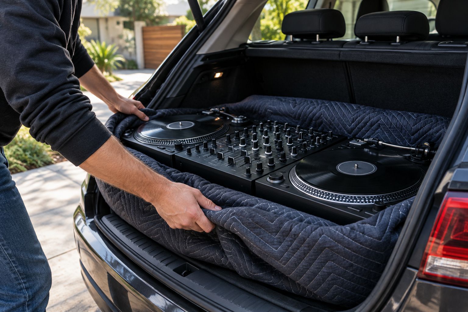 DJ mixer and turntables being loaded into a car for a local pickup sale
