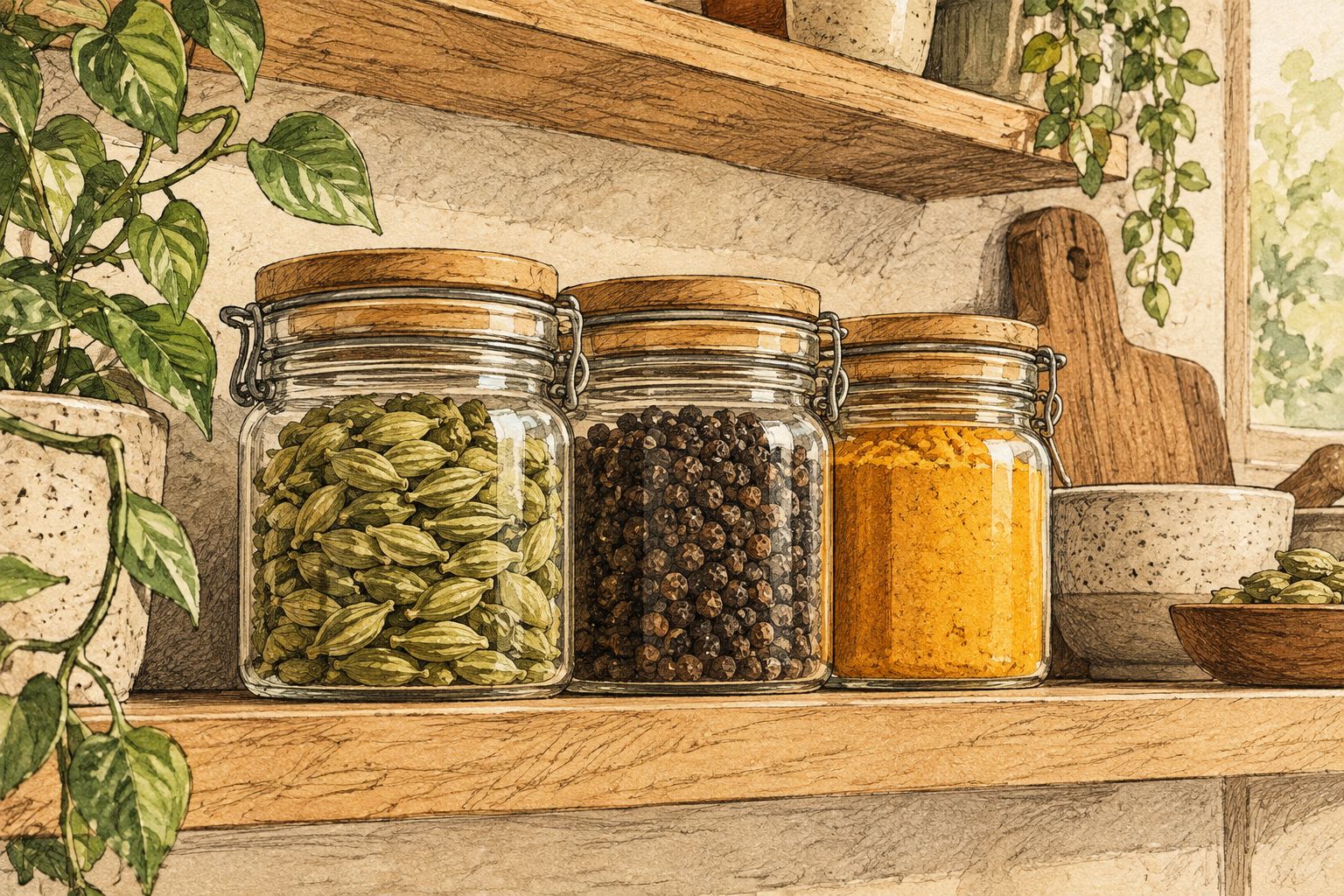 Airtight glass jars of cardamom, peppercorns and turmeric powder stored away from light