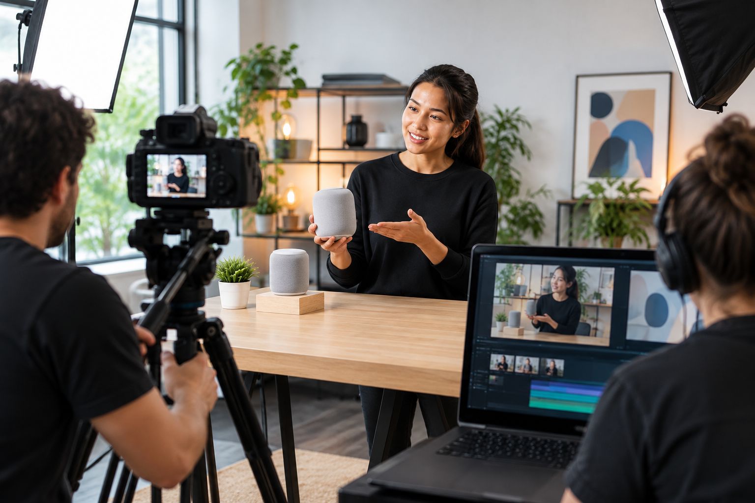 Video production crew filming a product demo on a lit tabletop set