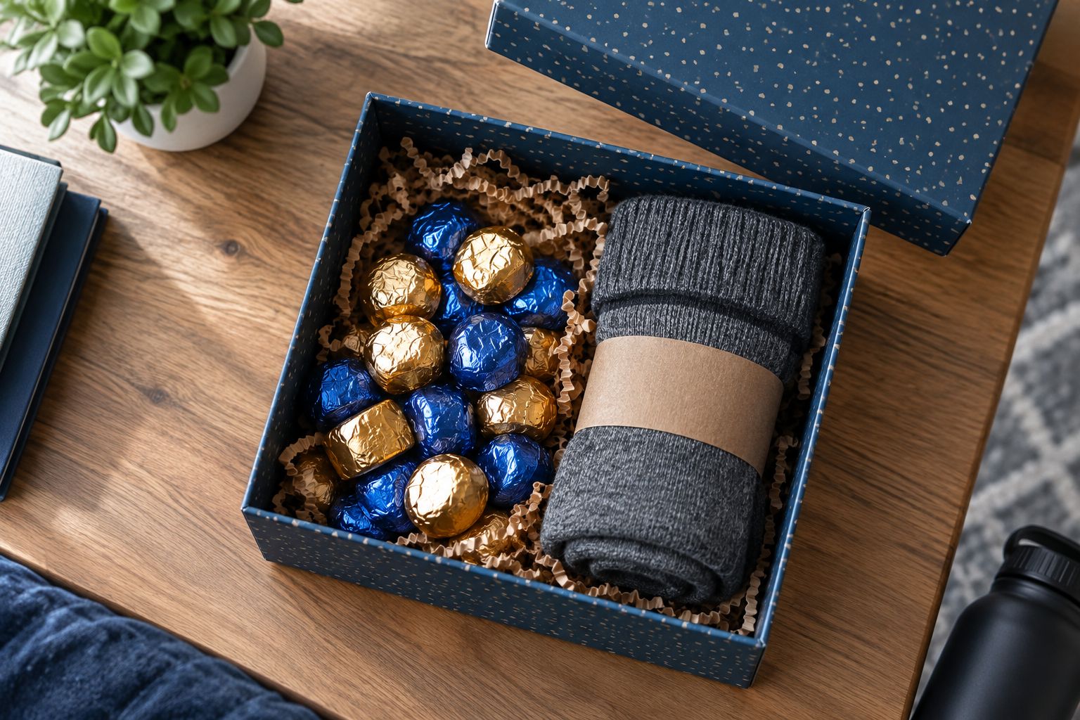 Opened gift box showing chocolates and rolled socks