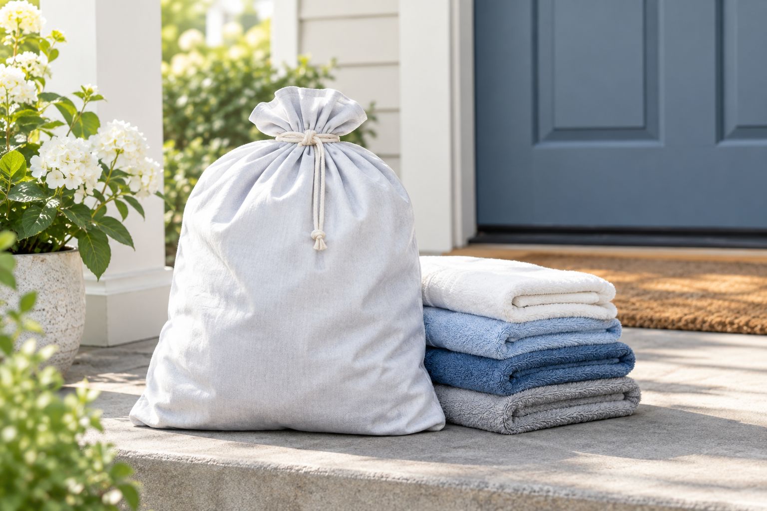 Bagged laundry left on a doorstep ready for pickup