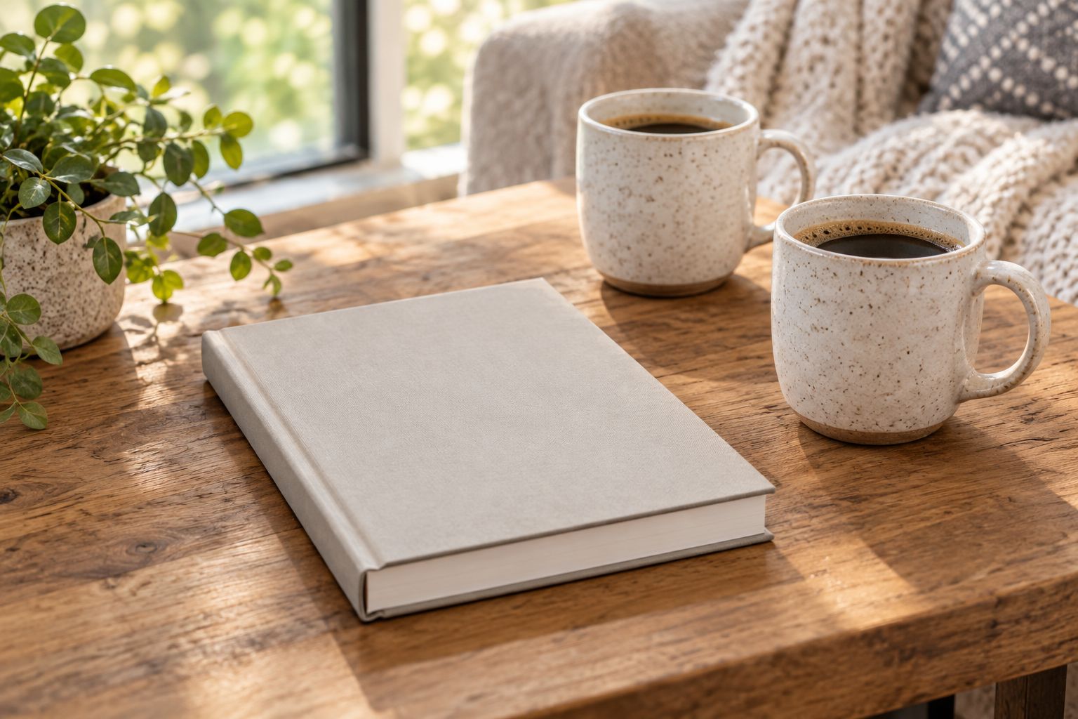 Plain hardcover book on a table next to two mugs