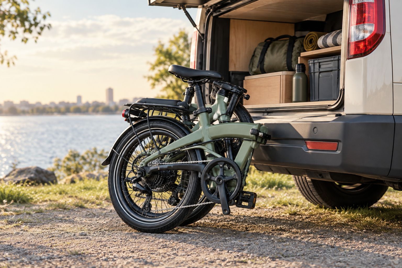 Opgevouwen elektrische fiets bij de opslagruimte van een camper
