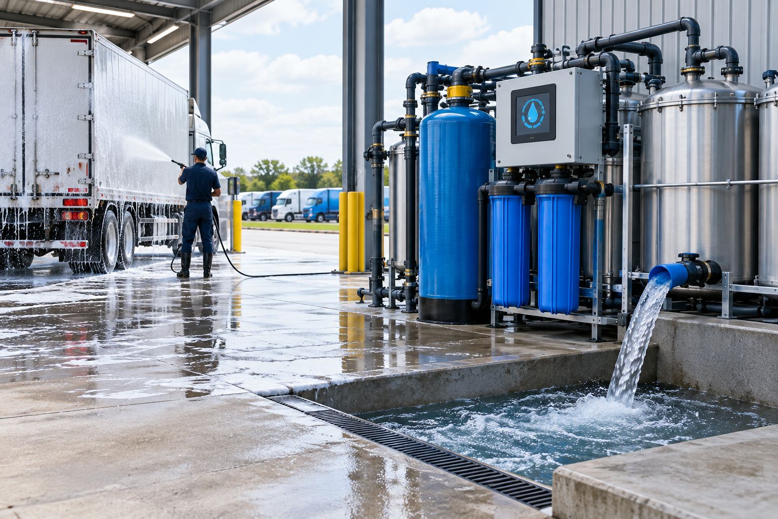 Truck being washed on an industrial wash pad with treatment tanks along the side wall