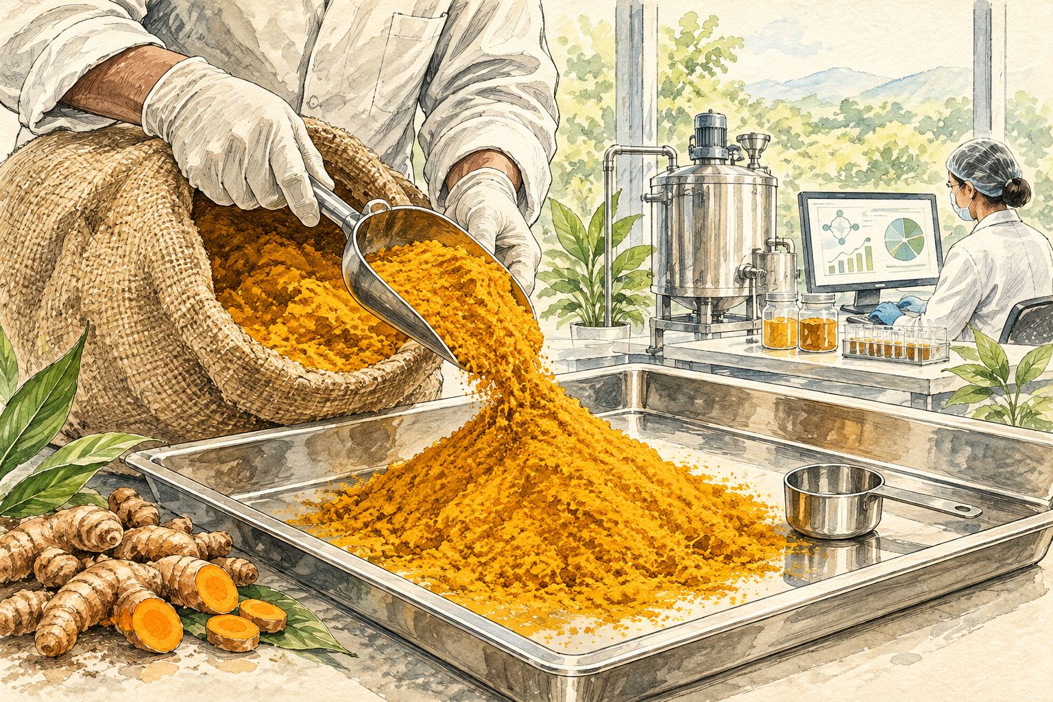 Turmeric powder being scooped from a sack for a quality check