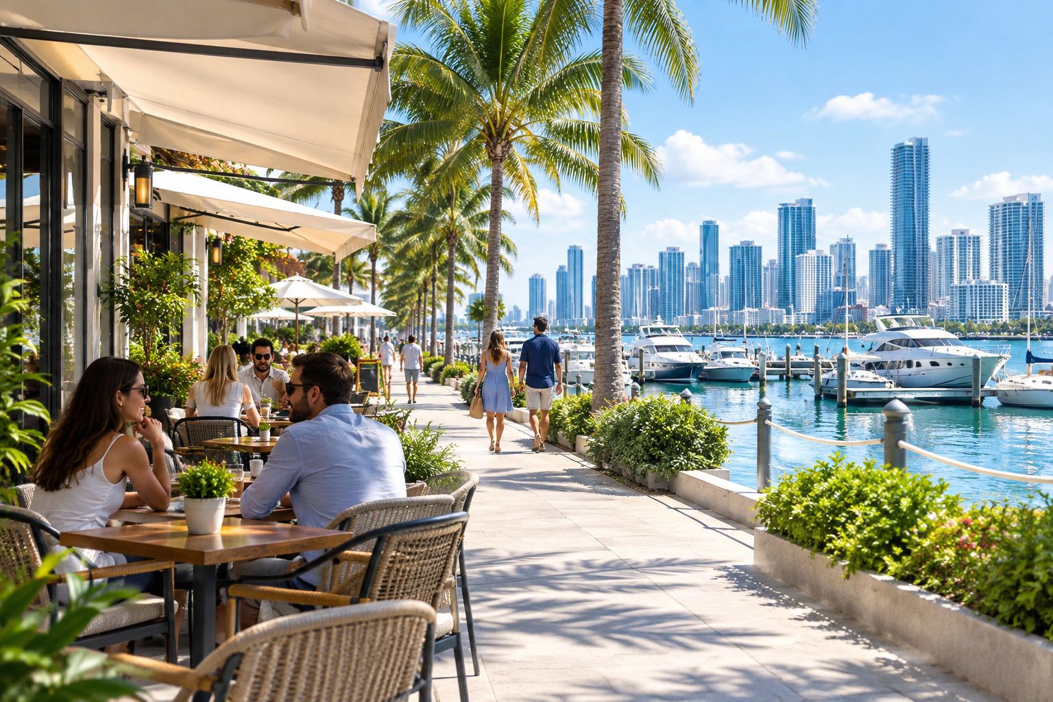 Bayfront village street with outdoor dining and a marina in the background
