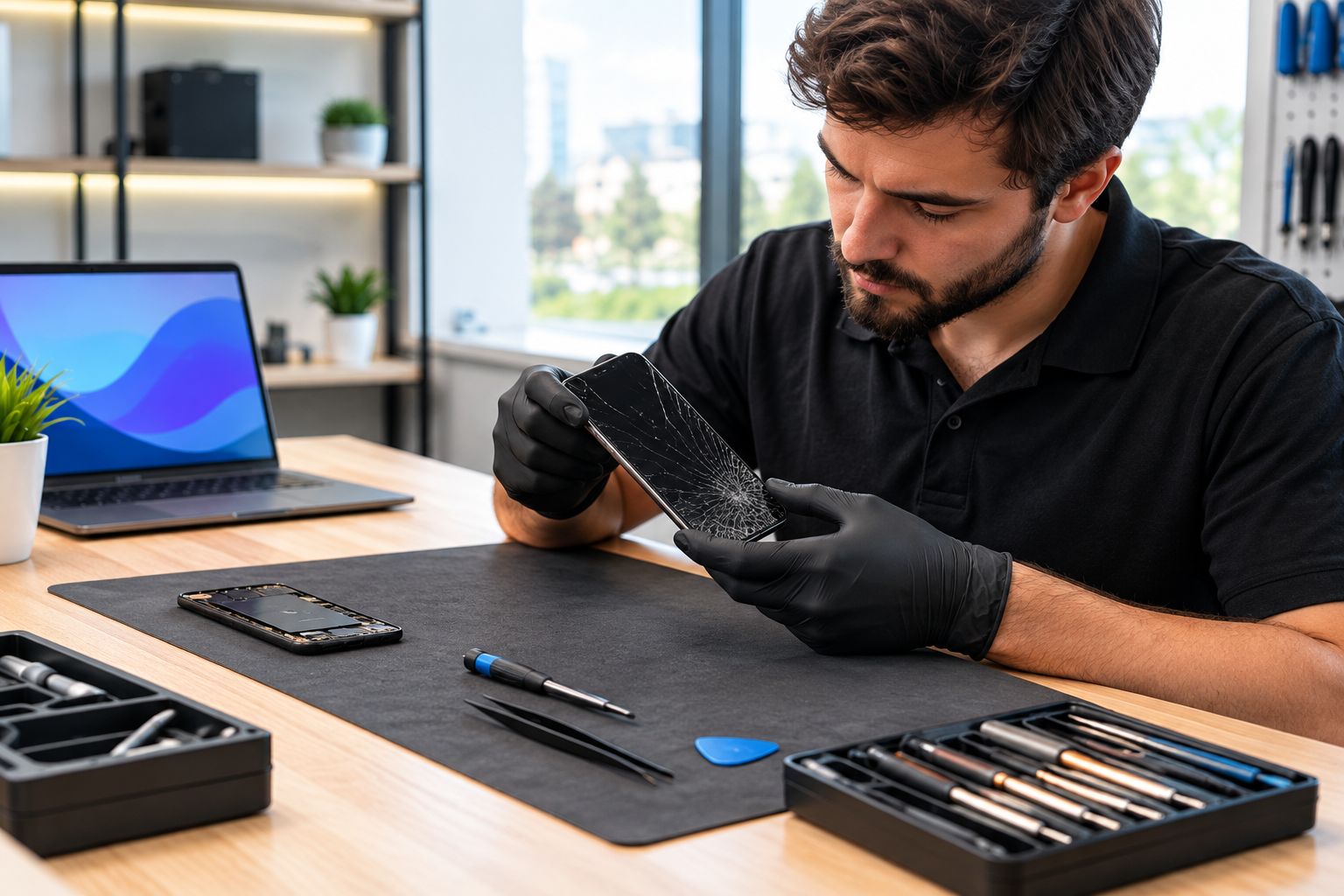 Technician inspecting a cracked smartphone screen at a repair counter before starting the fix