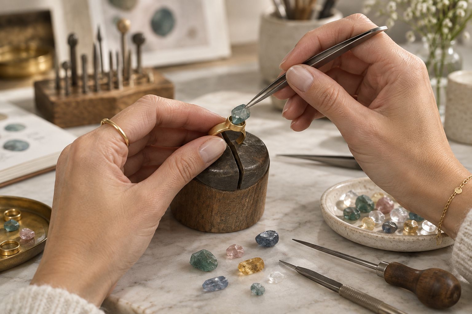 Jeweler setting a raw gemstone into a gold bezel by hand