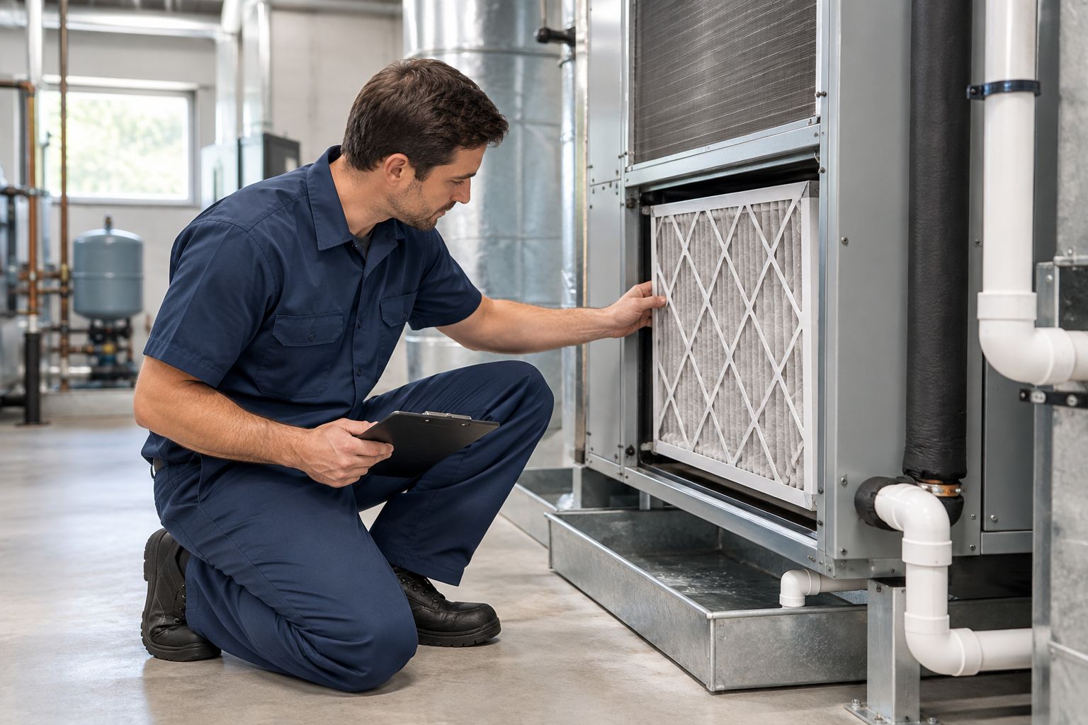 Technician checking an HVAC filter and drain pan in a mechanical room