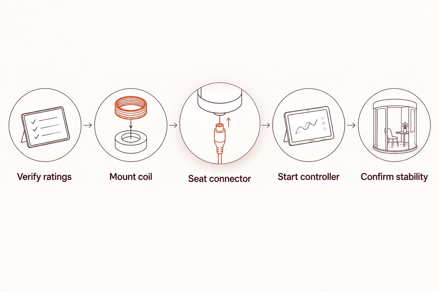 Five-step e-nail connection process from checking ratings to confirming stable operation