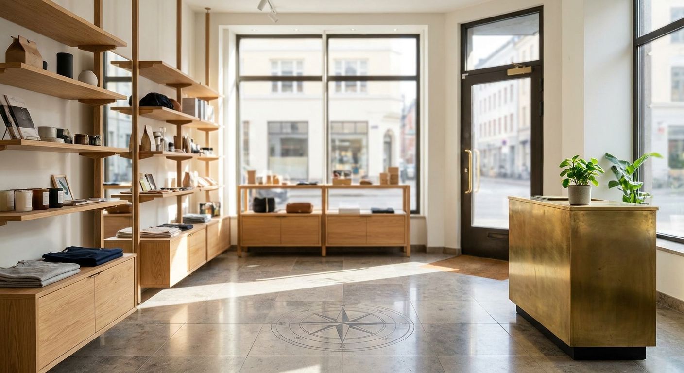 A bright retail shop with wooden shelves and a compass design on the floor