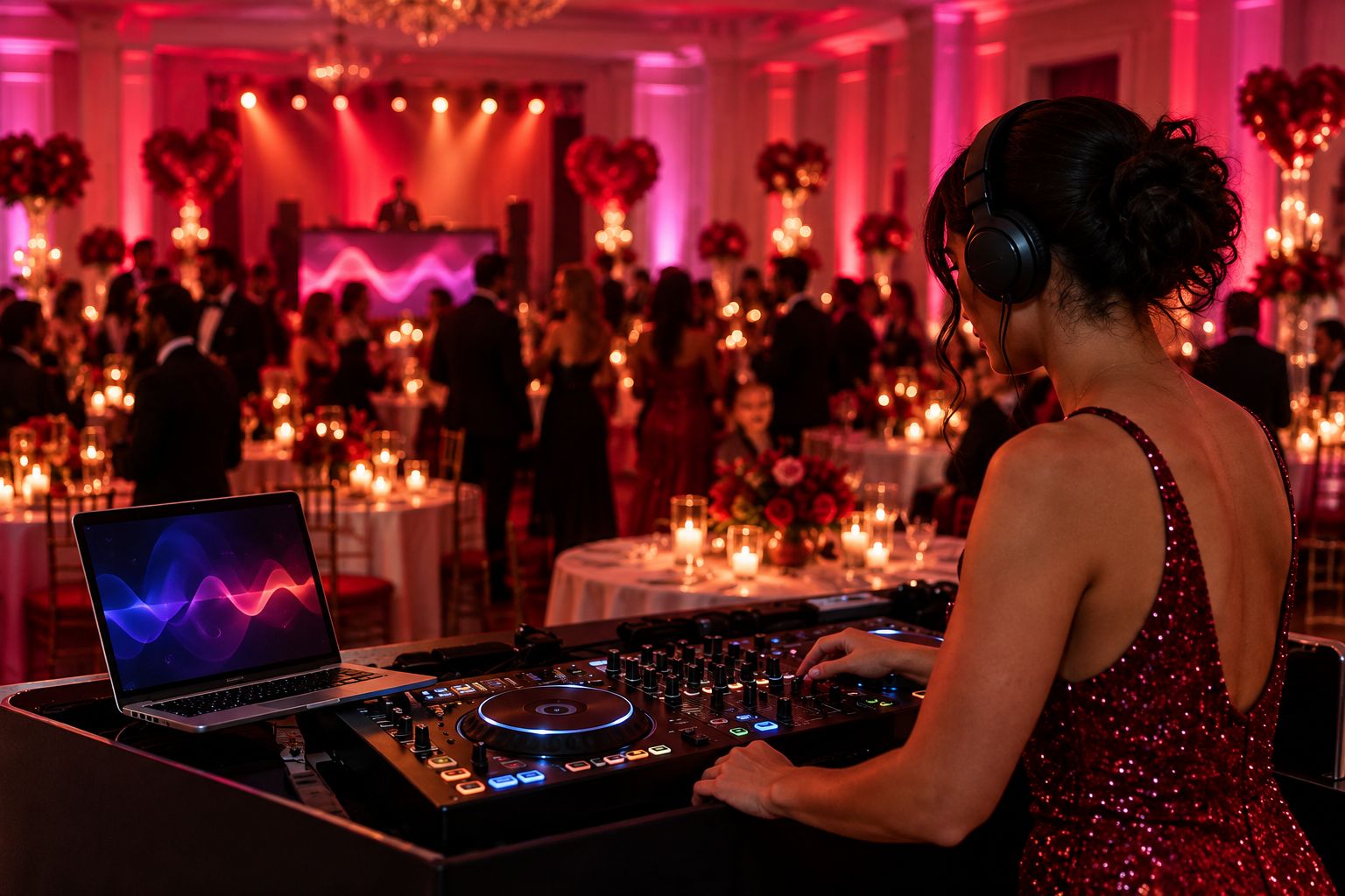 Event room with red and pink uplighting set up for a Valentine's Day party