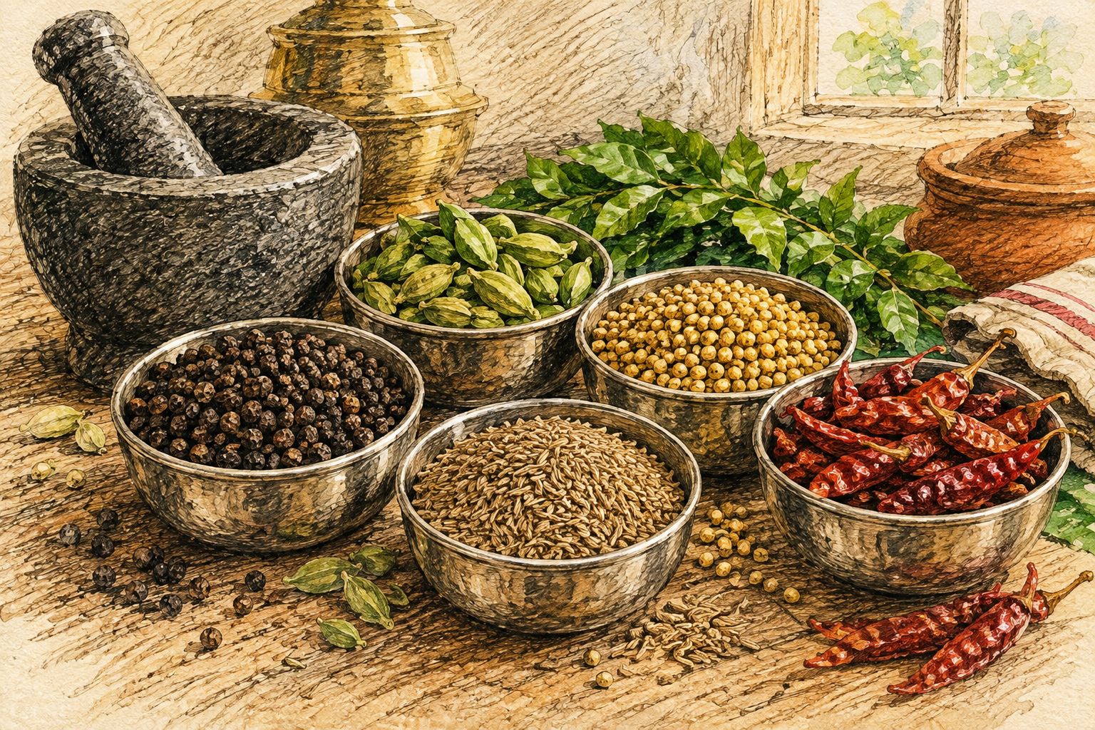 Whole South Indian cooking spices in steel bowls beside a stone mortar