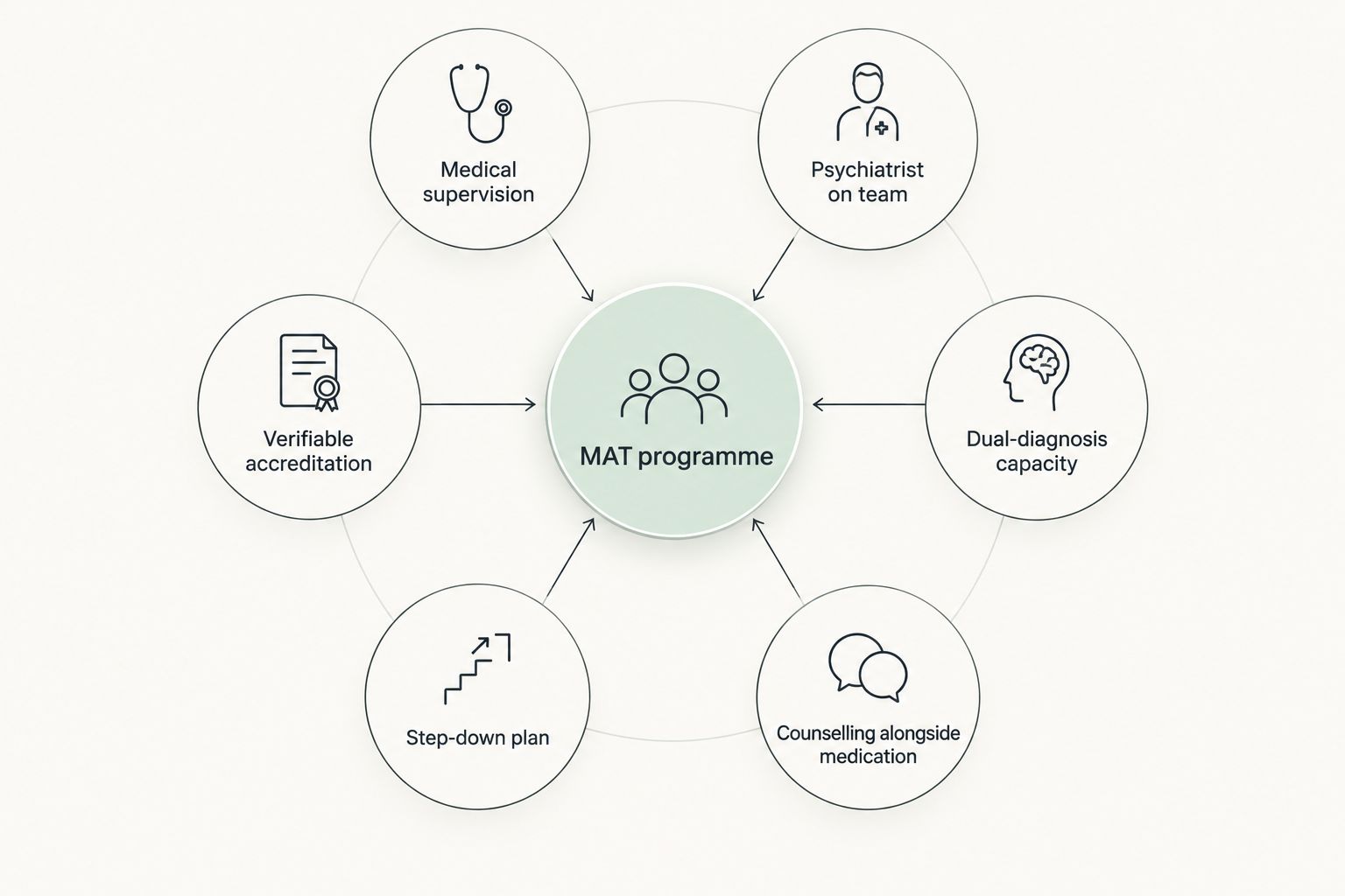 Diagram of six criteria connected to a central MAT programme hub