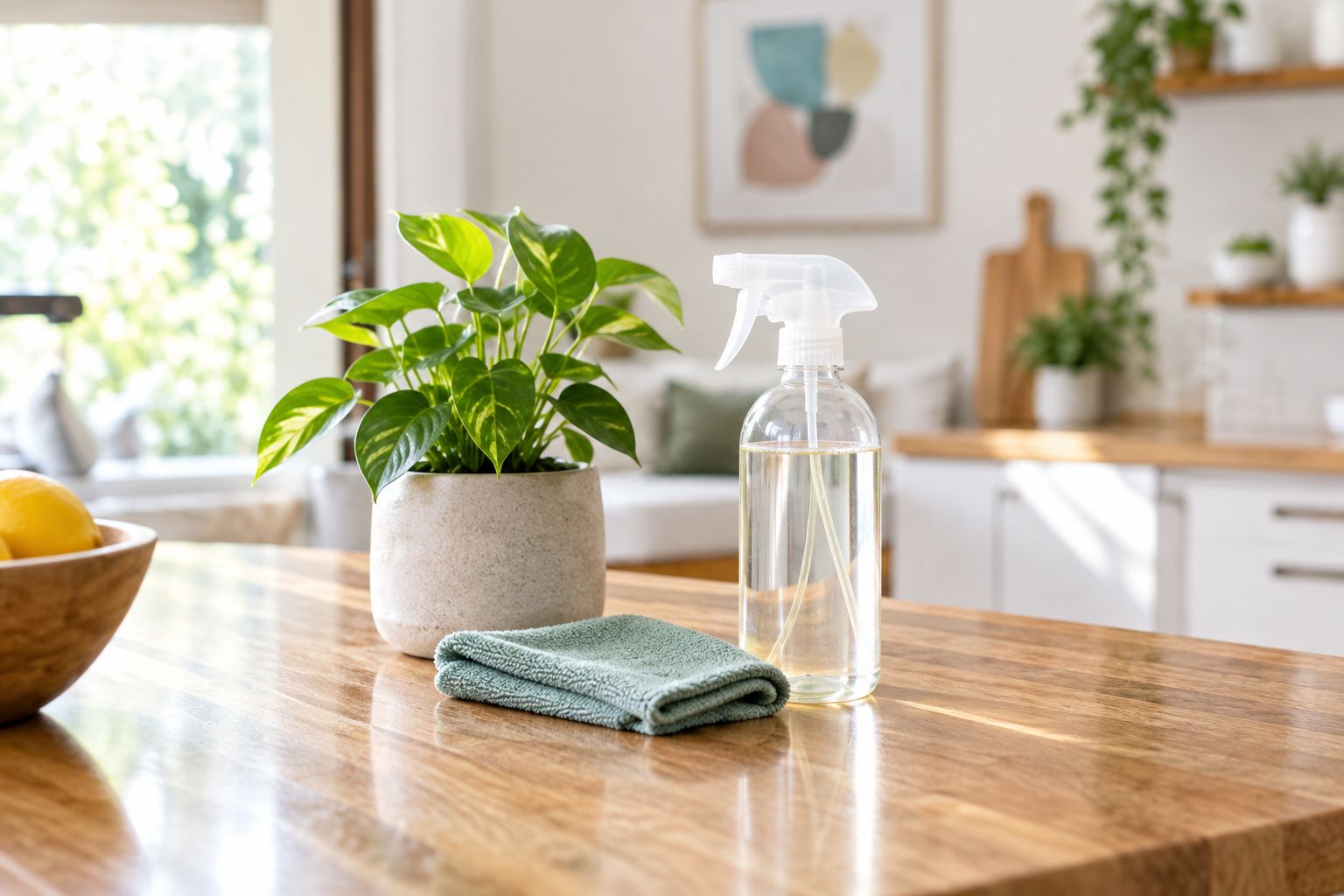Unlabeled spray bottle and microfiber cloth on a kitchen counter