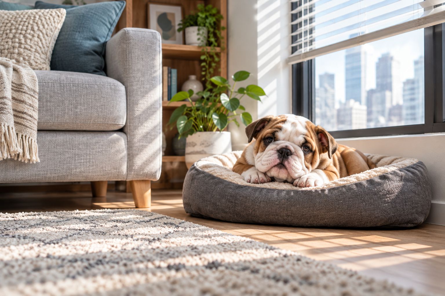 English Bulldog puppy resting in a small apartment living room