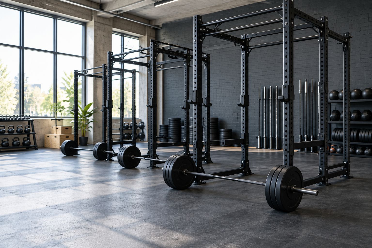 Reihe von Power Racks in einer Functional-Fitness-Box mit natürlichem Licht