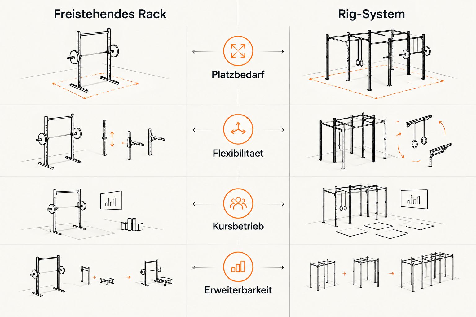 Vergleich zwischen freistehendem Power Rack und Rig-System nach vier Kriterien