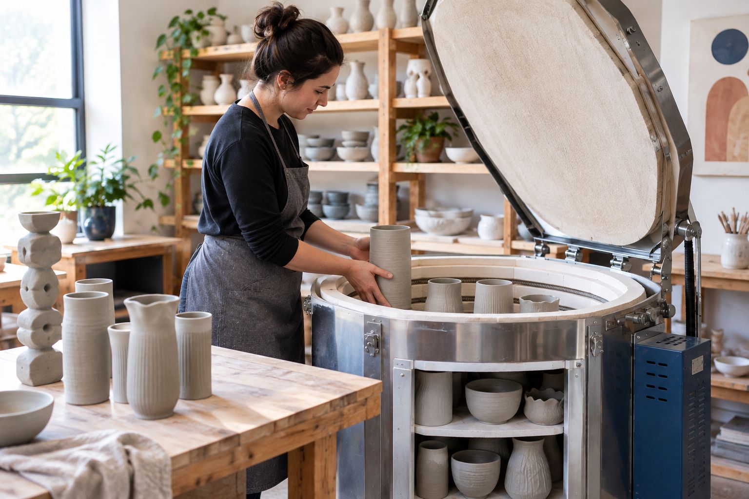 Garage pottery studio with a tall kiln and vertical sculptural greenware