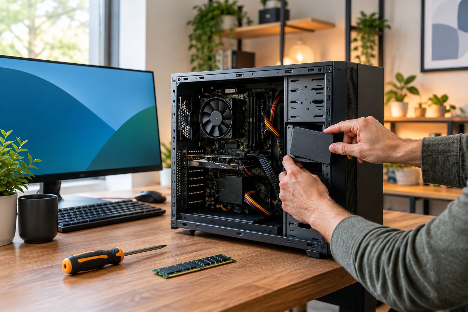 Technician installing a solid state drive inside an open desktop computer case