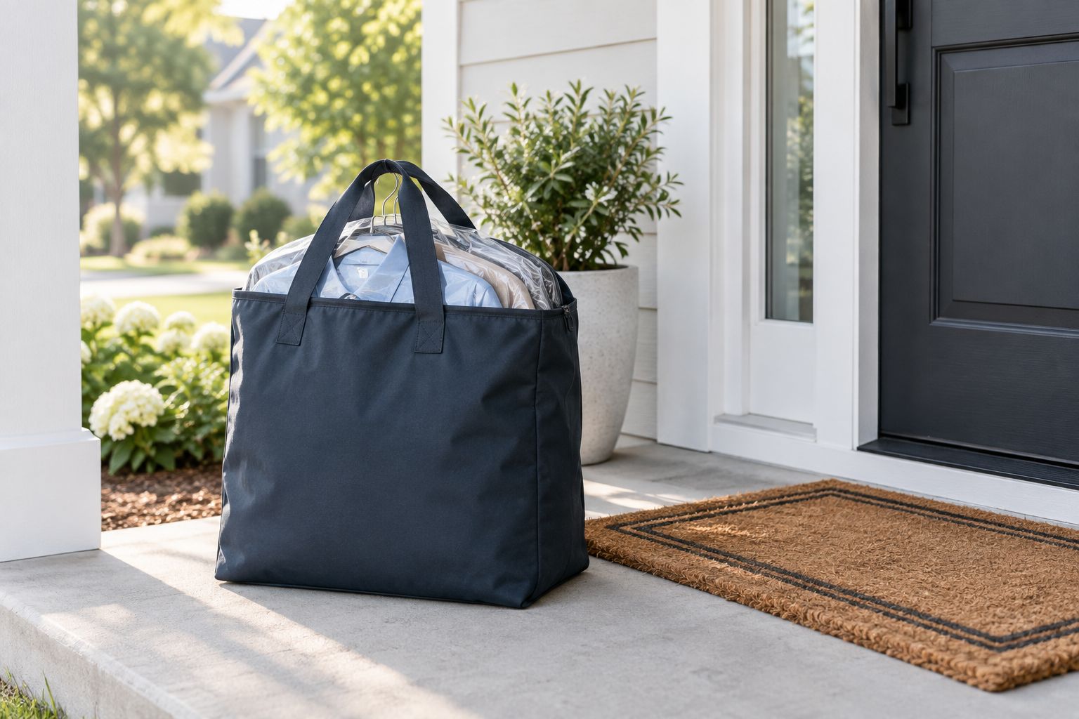 Laundry bag left on a front porch for pickup
