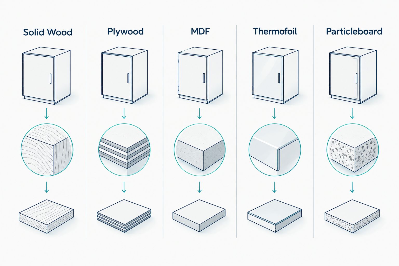 Five kitchen cabinet materials compared side by side