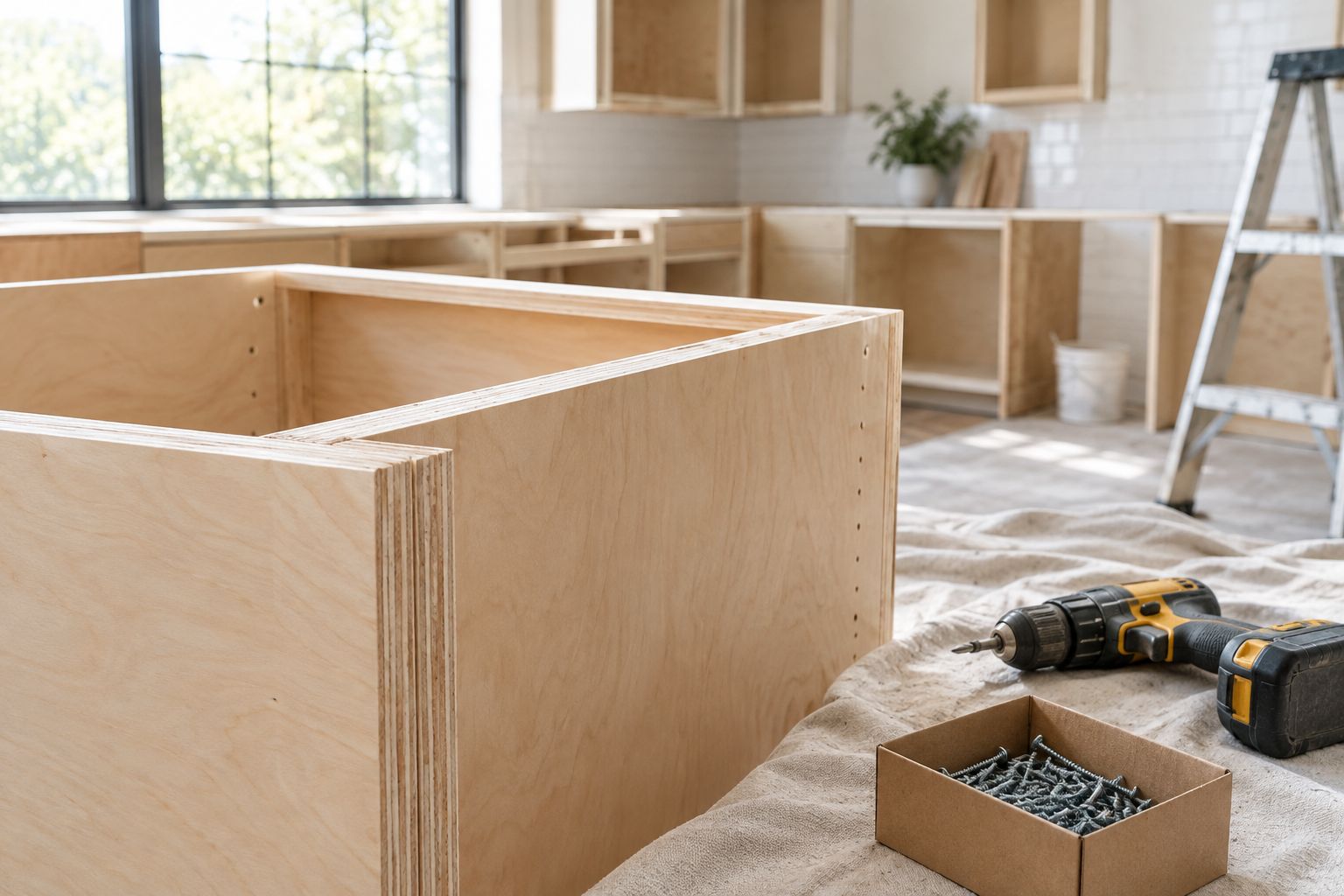 Plywood cabinet box under construction during a kitchen remodel