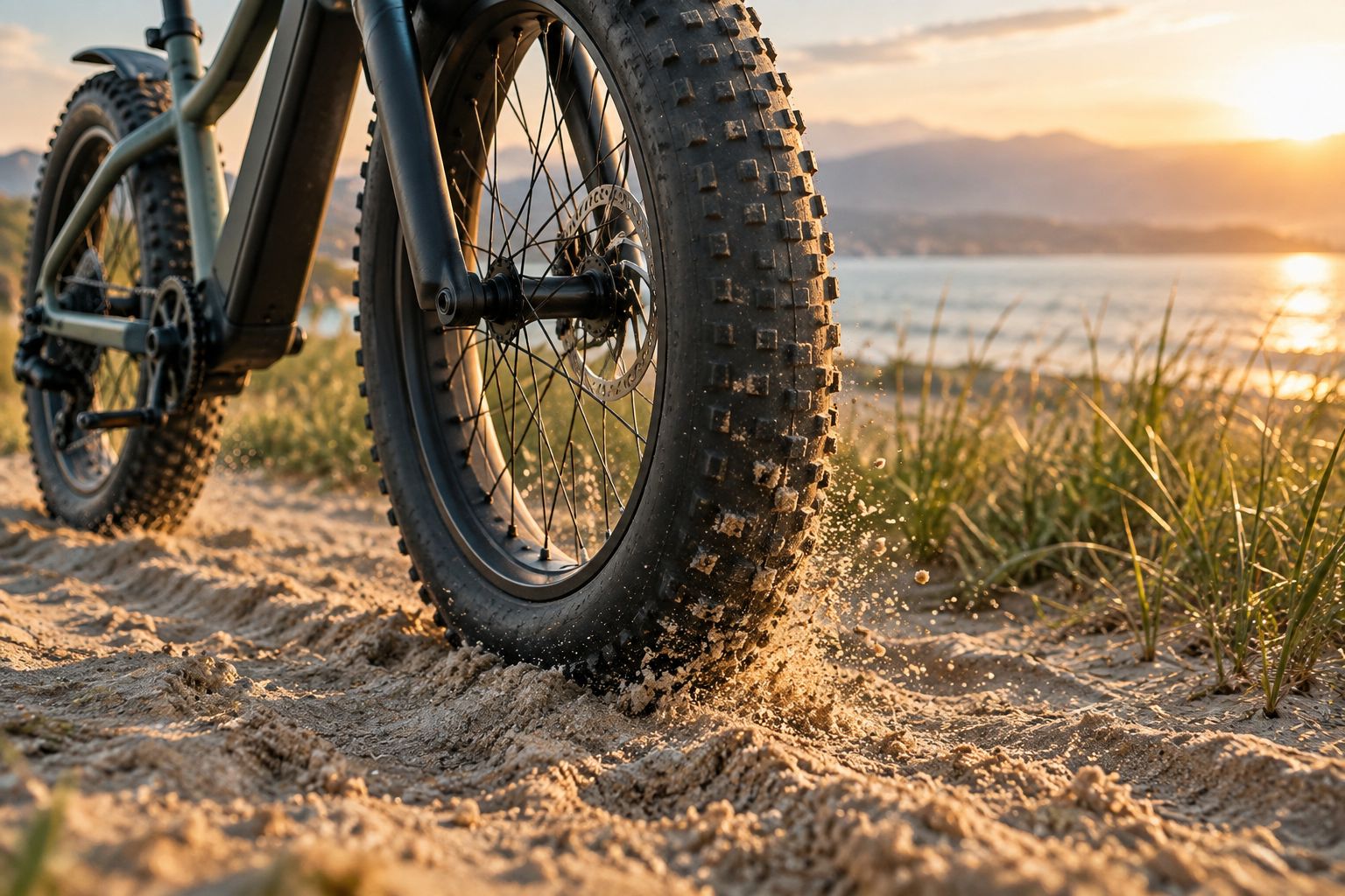 Brede fatbike-band met grofprofiel op een zanderig strandpad