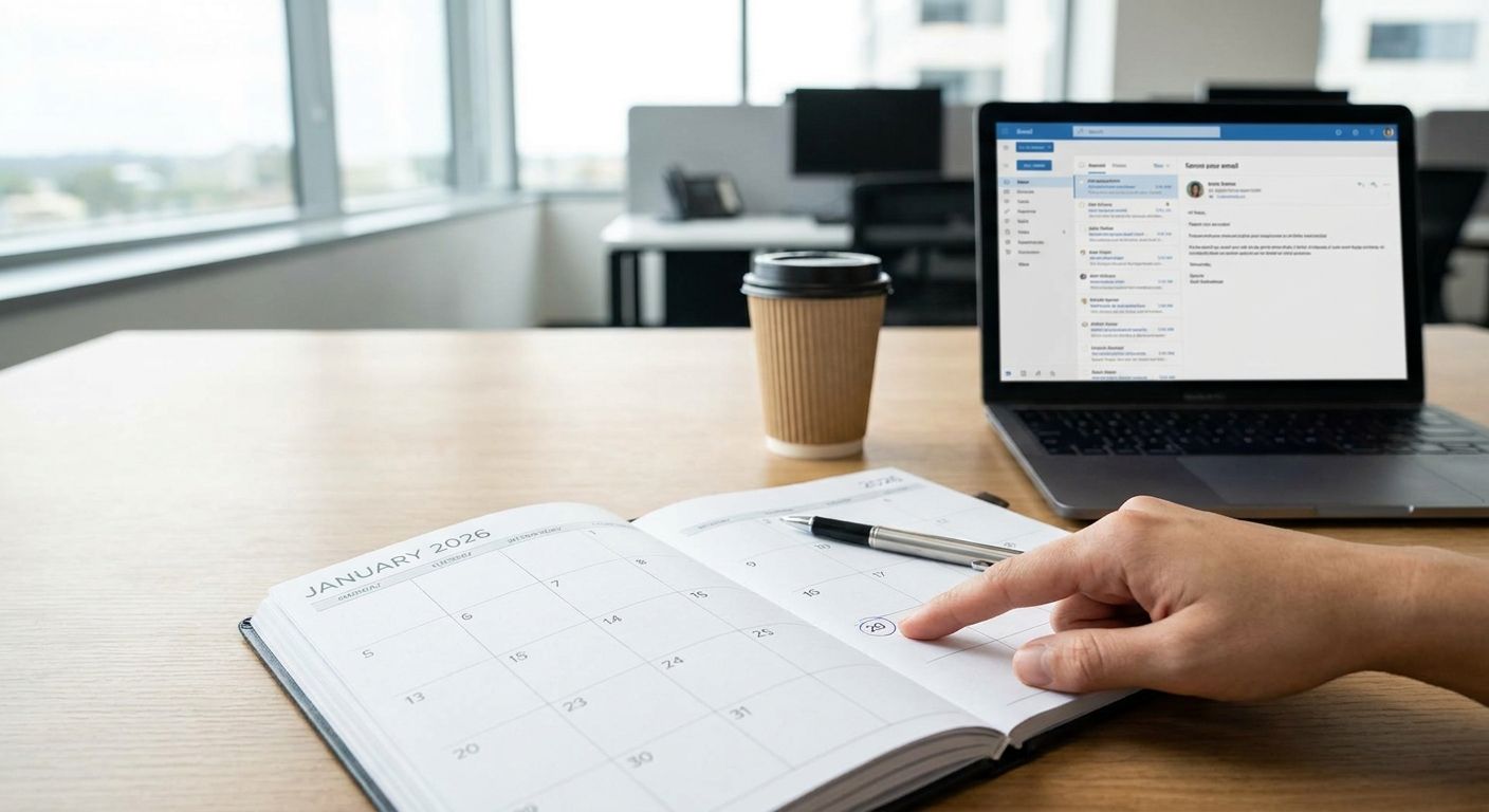 A hand pointing to a date in a 2026 calendar beside a laptop