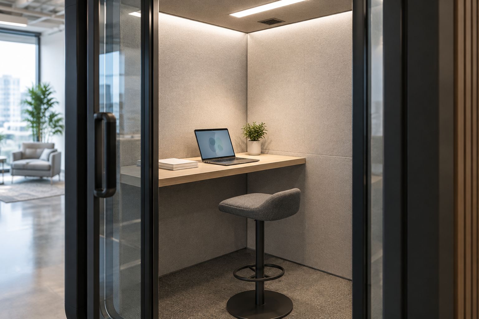 Soundproof office pod interior set up for a signing with a desk and laptop