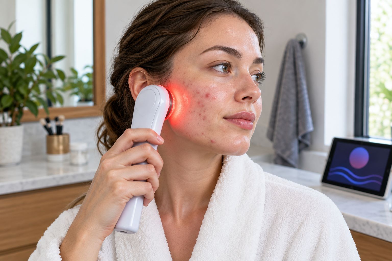 Handheld red light device being used to spot-treat a breakout on the jawline