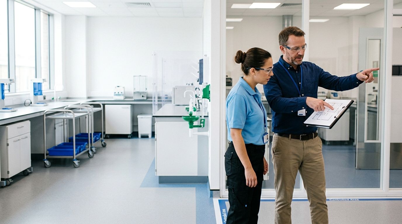 Facilities manager and cleaning supervisor conducting a lab cleaning vendor site walkthrough